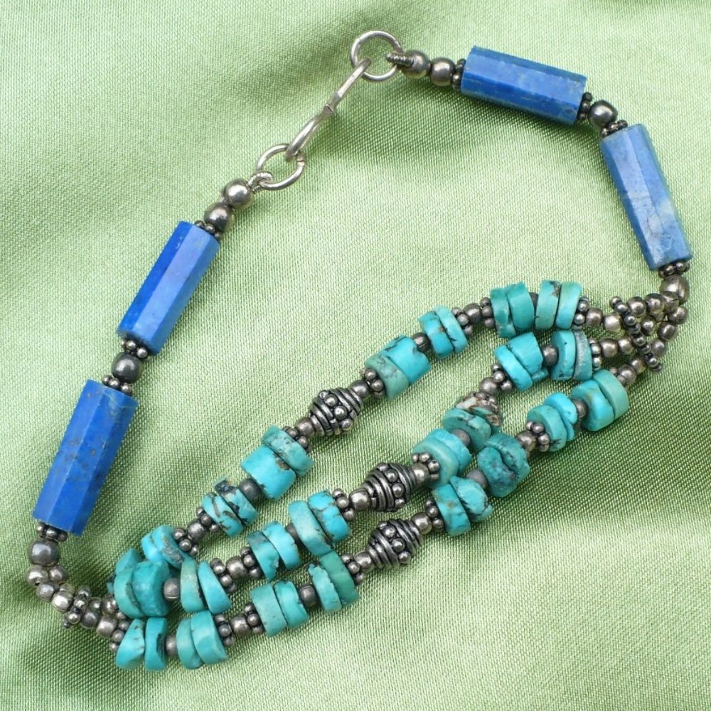 Turquoise Lapis & Sterling Silver Beaded Bracelet